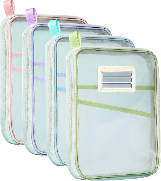 Nylon Document Bag with Zipper Light Transparent Mesh File Bag Pouch with Strap for Books A4 Documents Organizer (4, Pink&Purple&Green&Blue)