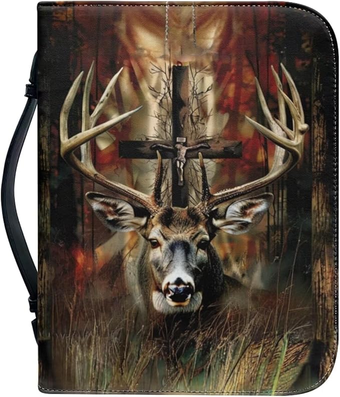 Leather Bible Cover, Carrying Bible Book Bag Church Case,Bible Protective with Handle for Men Women,Gothic Style Deer and Cross,Small