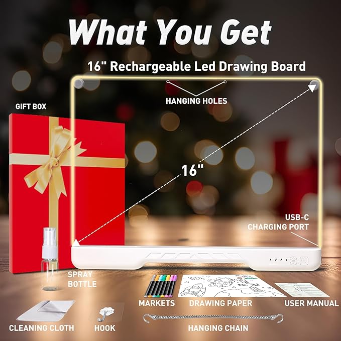 Rechargeable Led Drawing Board for Kids, 16.7" Portable Doodle Glow LED Note Board with 7 Colors, DIY Neon Art Dry Erase Light Up Drawing Pad, Perfect Christmas & Birthday Gifts for Girls Boys