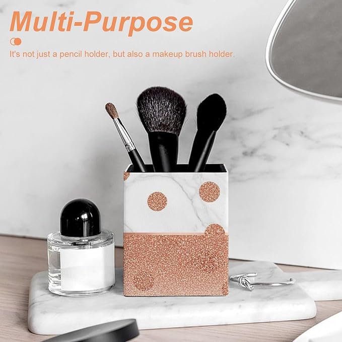 Pen Holder Square Leather Pencil, Holder Cup Makeup Brush Storage Organizer, Waterproof Multifunctional Office Supplies Modern Rose Gold Pink Glitter Dots White Marble