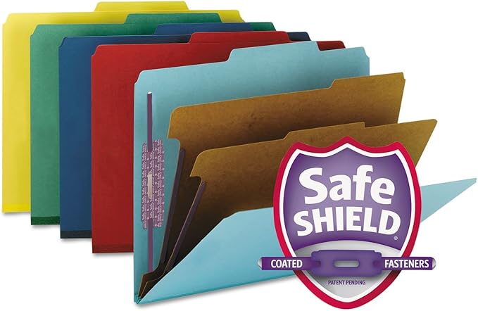 Smead Pressboard Classification File Folder with SafeSHIELD Fasteners, 2 Dividers, 2" Expansion, Letter Size, Assorted Colors, 10 per Box (14025)