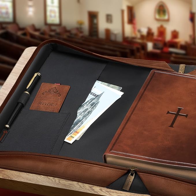 FINPAC Large Classic Bible Cover Vegan Leather Carrying Book Case Church Bag Bible Protective with Handle, Gift for Men, Women, Father, Mother, Friends, Bronze