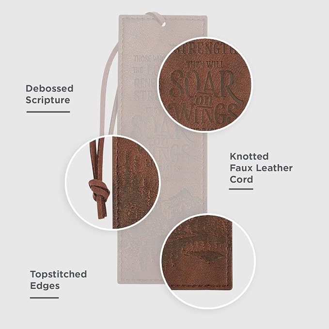 Christian Art Gifts Premium Vegan Faux Leather Scripture Bookmark for Men: Soar On Wings - Isaiah 40:31 Inspirational Bible Verse, Heat-Debossed, Faith-Based Reading Book Accessory with Cord, Brown