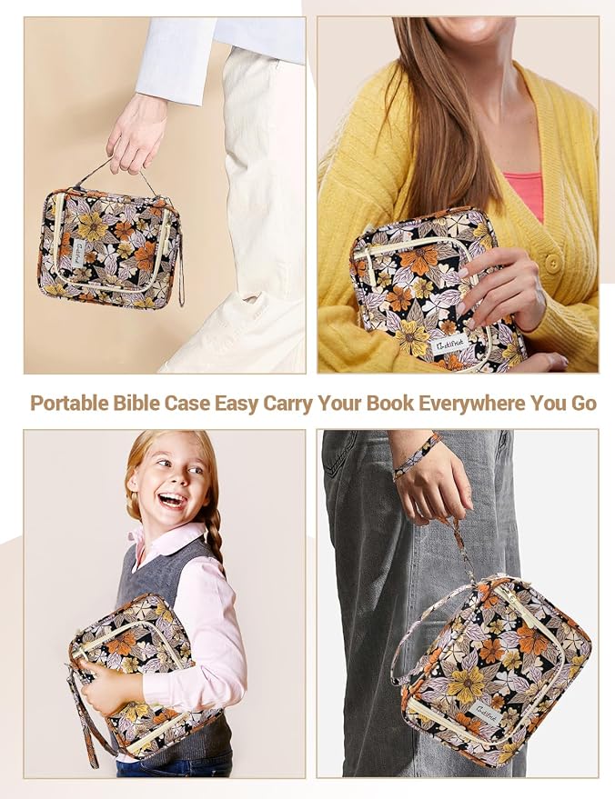Bible Cover Case for Women,Church Study Book Bible Bag,Bible Carrying Case with Pockets for Bible Accessories, Bible Book Cover with Zipper Christian Gifts fits Bible Size Up to 9.5"x8"x2" Floral#1