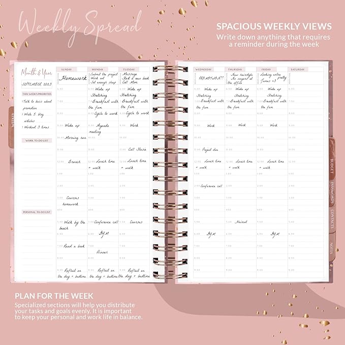 PLANBERRY Hourly Schedule Planner Premium – Undated Weekly Organizer with Time Slots & Monthly Budget – Time Management, Goal Setting, to-Do List & Habit Tracker –6.9″x8.5″(Rose Gold)