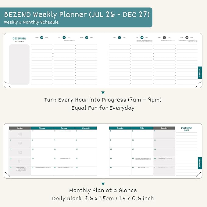 BEZEND Pocket Weekly Planner 2026 2027 Equal Weekend with Hourly Timeslot (6.5" x 3.75") 18 Months Small Academic Calendar (Jul 26-Dec 27) for Students, Work & Home, PU Leather Hardcover -Mustard