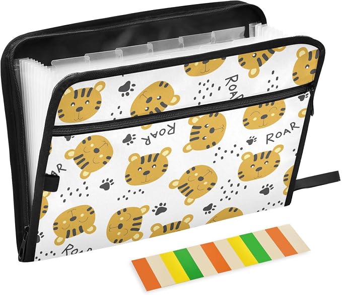 Tiger Head Face File Folders,Plastic Folders with 13 Pockets,Expandable File Folder for Documents School Students Office,Aesthetic Folder with Labels A4 Letter Size