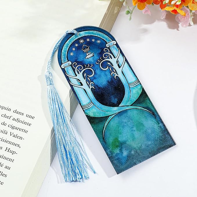 Fantasy Metal Bookmarks with Elvish Leaf, Sword Charm & Evenstar Engraving, Epic Quotes Carved Jewelry for Book Lovers, Dark Academia Gifts for Readers (Acrylic-Blue)