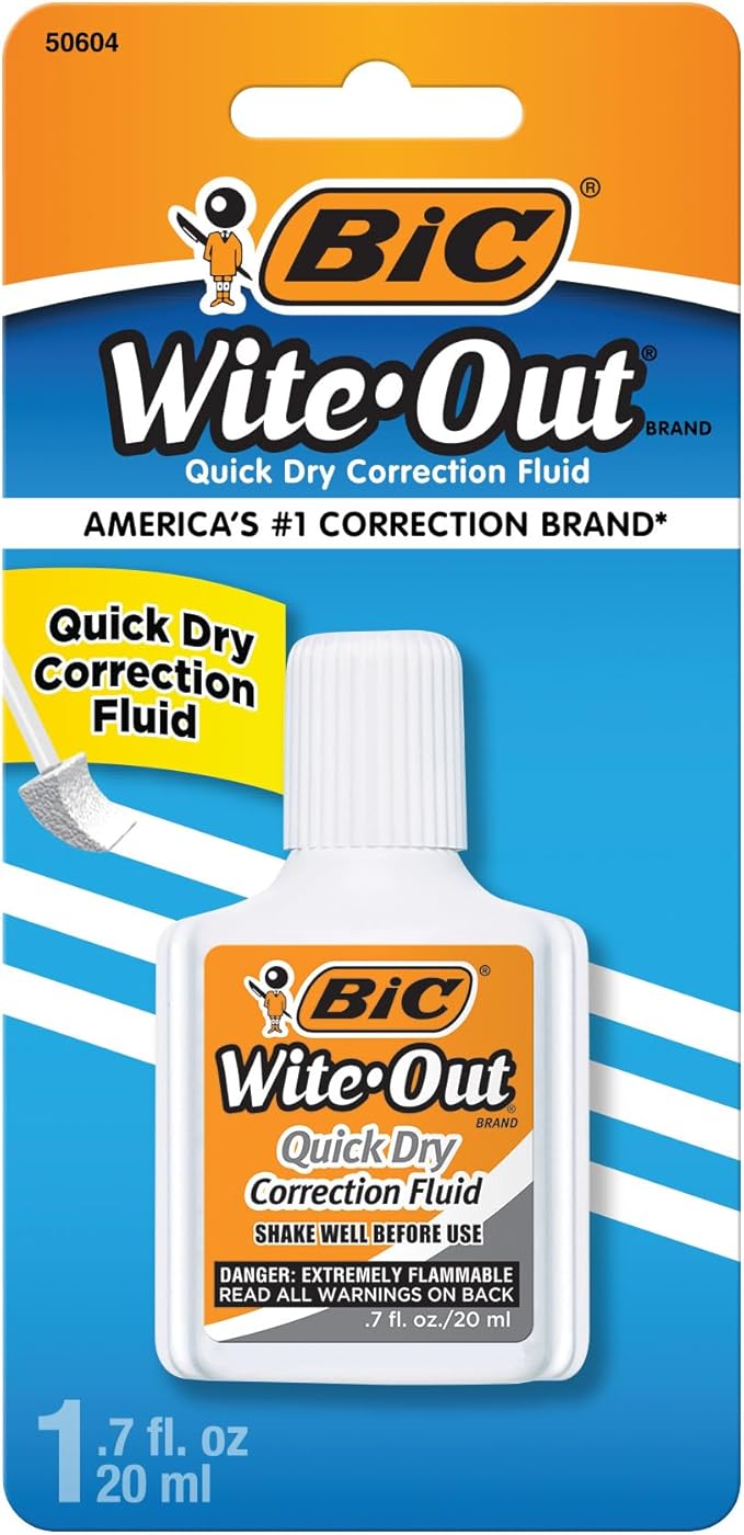 BIC Wite-Out Quick Dry Correction Fluid, 20mL, White, Goes on Easy with A Reduced Dry Time, 1-Count Pack