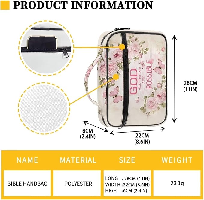 Pink Roses Butterfly Bible Covers for Women Men Zippered Bible Carrier Book Bag, with GOD All Things are Possible Print Church Bag Bible Protective with Handles Christian Gifts