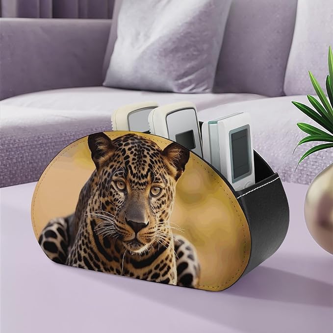 Leather Remote Control Holder with 5 Compartments TV Remote Caddy Storage Box Tray Africa Nature Leopard Desktop Organizer Makeup Brush Holder Store Glasses Brush Pen Office Supplies