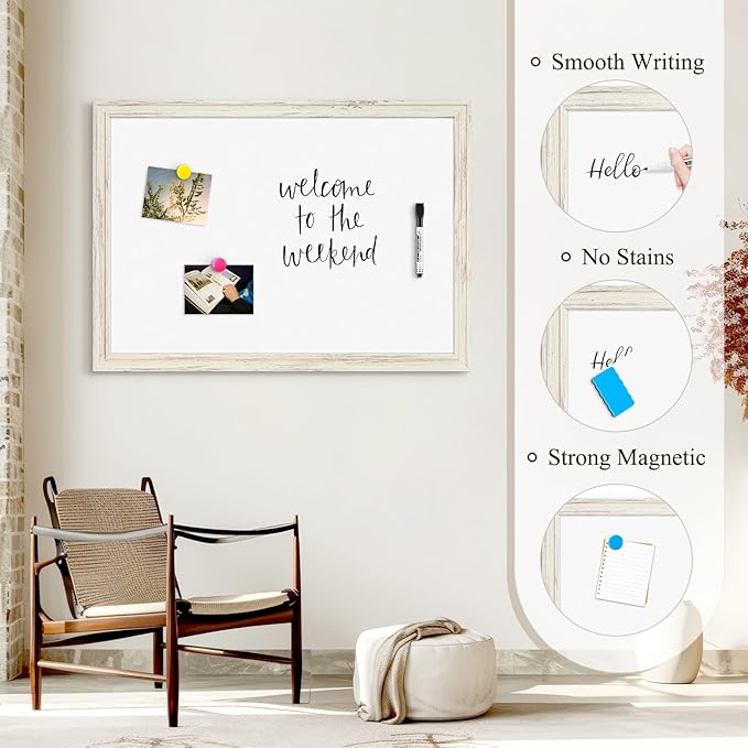 4 THOUGHT Dry Erase Board, 24 x 18 in Magnetic Whiteboard White Vintage Wood Frame Decorative White Board Wall-Mounted Notice Board for School, Office, Home, 8 Magnets 4 Markers 1 Eraser