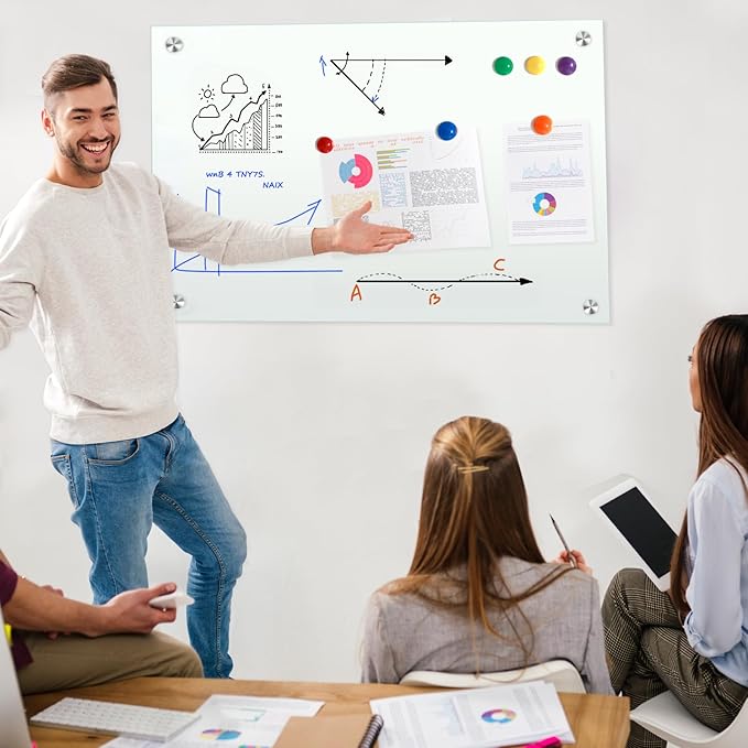 H-Qprobd Glass Magnetic Dry Erase Whiteboard 36"x24" for Wall, Frameless White Board, Includes 12 Magnets, 8 Markers and 2 Erasers