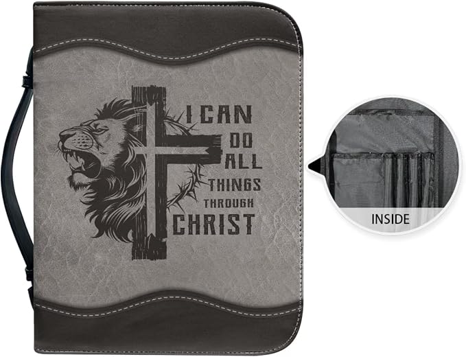 Vintage Cross and Lion Bible Case with Bookmark Waterproof Bible Cover Case for Women Lightweight Bible Bag with Handle Pockets Church Book Bag Grey