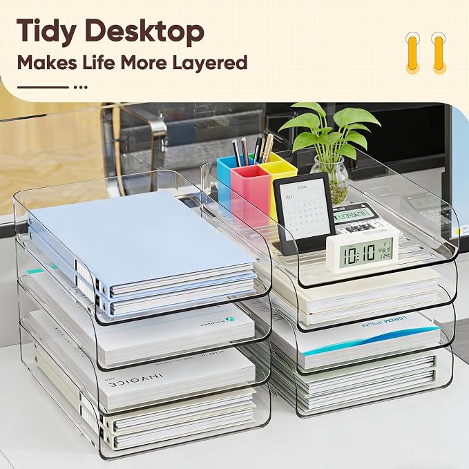 HIYOHIYO Clear Office Desk Organization for A4 Letter Paper, 4-Tier | Vertical Style, Stackable, Large Capacity, Sturdy Office Organizer for File Folder, Stable Home Desktop Holder and Storage