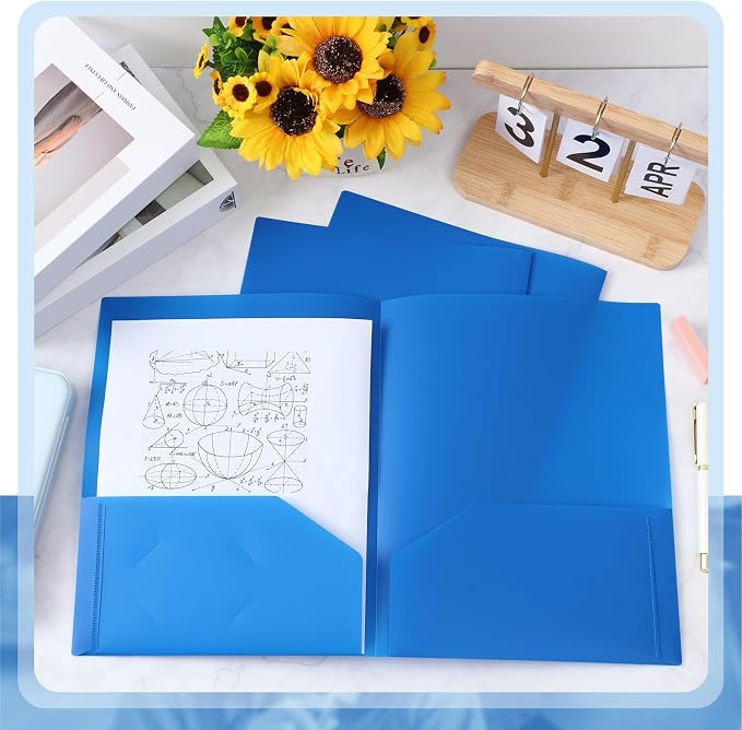 Gueevin 100 Pack Plastic Folder with Pockets, 2 Pocket Folders, Plastic Glossy Folders Fit Letter Size Paper, Heavy Duty Durable File Folder with Business Card for Home Office School (Blue)