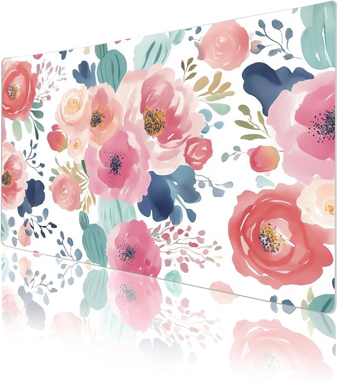 Colorful Star Large Mouse Pad, Pink Floral Desk Mat for Desktop, Women Girls PU Leather Waterproof Gaming Mousepad, Computer PC Laptop Protector Flowers Desk Pads for School Office Home 23.6" x 13.8"