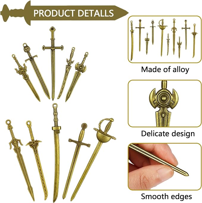 Hicarer 30 Pieces Antique Swords Knife Bookmark Sword Charms Pendants Bookmarks for Book Lovers Presents Reading Crafting DIY (Anti Brass)