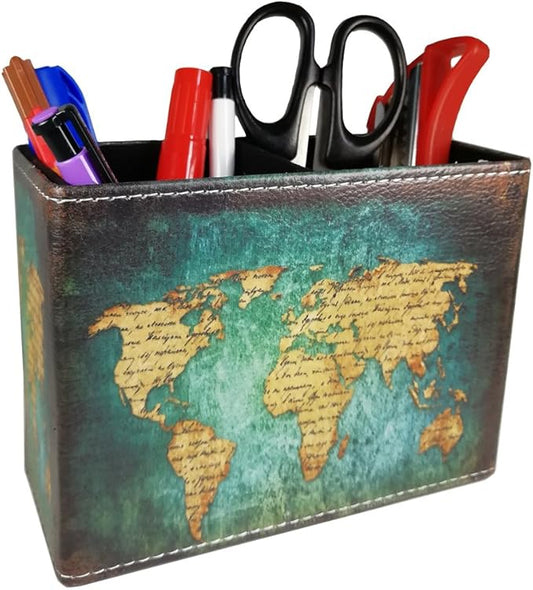DreamsEden Vintage Pen Pencil Holder Cup Retro Pattern Desk Organizer for Home Office Bedroom (Blue World Map Square)