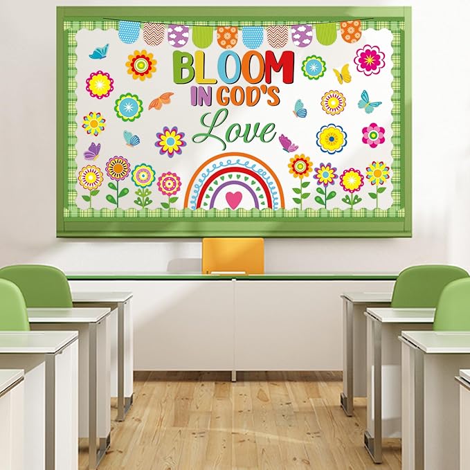 Spring Bulletin Board Set Bloom in God’s Love Classroom Decoration Religious Bulletin Board Jesus Flower Butterfly Cutouts for Spring Easter Christian Sunday School Church Chalkboard Wall Decor