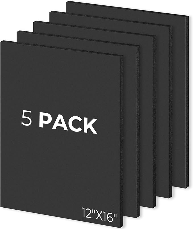 Mat Board Center, Pack of 5, 12X16 Foam Boards Acid Free Black Foam Core Boards for Mounting, Crafts, Display, Presentation and Projects, 3/16" Thick