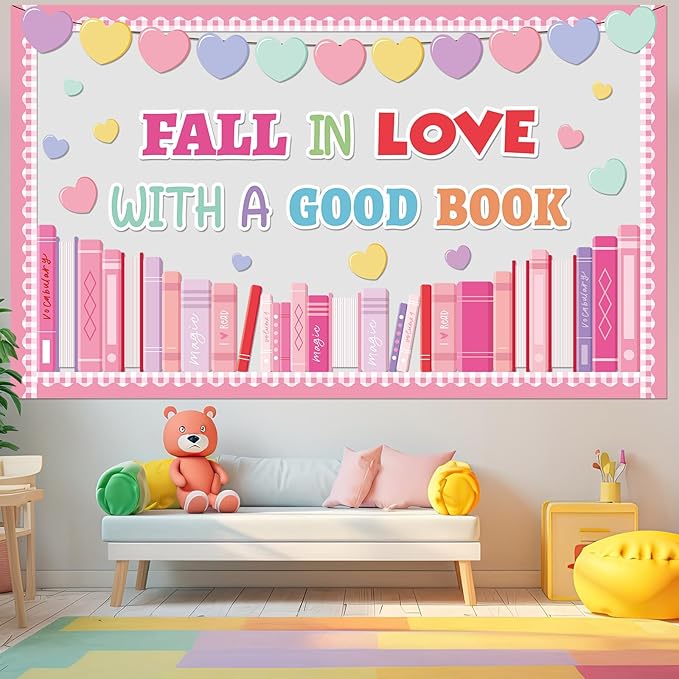Valentine's Day Reading Bulletin Board Set Candy Heart Classroom Decorations Fall in Love with A Good Book Paper Cutouts for Valentines School Party Nursery Chalkboard Home Office Wall Door Decor