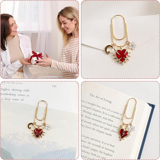 Wxiben Gothic Paper Clip Bookmark - 3 Pcs Red Heart Metal Paperclip Book Mark with Charms Page Marker Planner Decorative Paper Clips Gifts for Women Reading Book Lover School Accessories