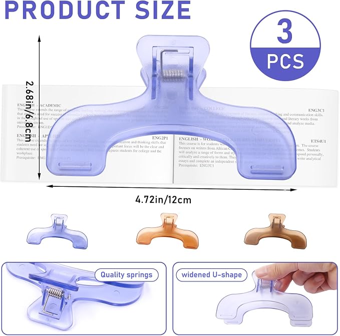 3 Pcs Book Page Holder, Widened Transparent Page Holder for Books, Notebooks - Non-Slip Hands, Free Reading for Home, Office, School, Portable & Lightweight Bookmark Clip (Book Clip 3 Pack 2)