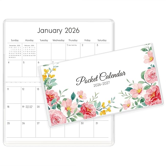 Pocket Calendar 2026-2027 for Purse, 2026-2027 Pocket Planner 24 Months with Soft Waterproof Cover and Premium Paper, 6.5" x 3.5", Floral