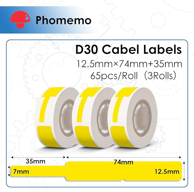 Phomemo D30 Cable Label Colorful Waterproof Wire Cord Labels, (12.5mm X 74mm) 65 Labels/Roll, Tags Stickers Tear Resistant Flexible, Phomemo d30 Label Tape -Black on Yellow Paper, 3 Roll