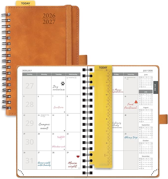POPRUN 2026-2027 Monthly Planner, Small 4" x 6.25", 18 Month Calendar Agenda (July 2026 - December 2027) with Expense Tracker, Notes Pages, Sprial Bound, Leather Softcover - Brown