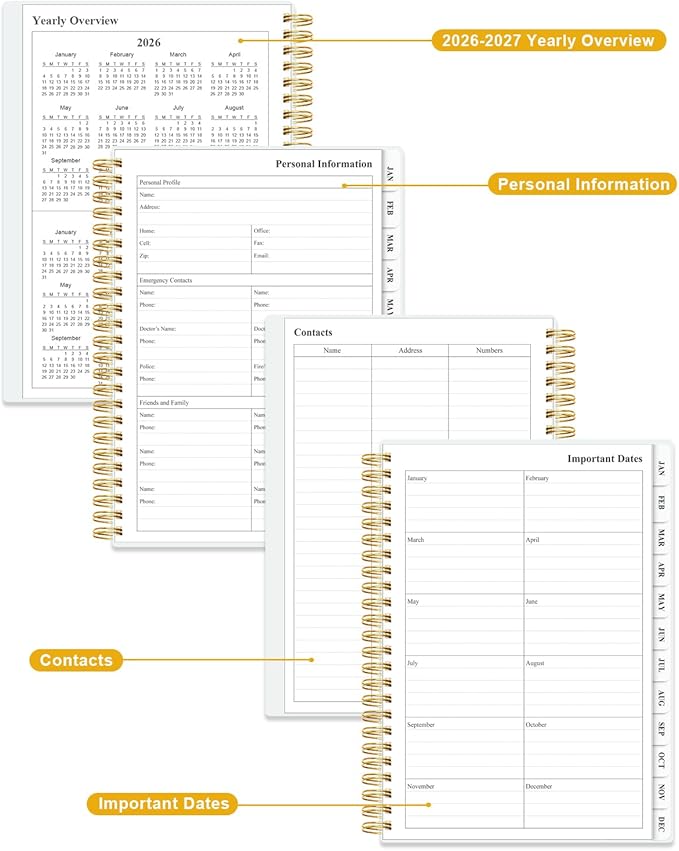 2026 Planner - Weekly and Monthly Planner Calendar from January 2026 to December 2026, Planning Agenda with Tabs & Inner Pocket, Spiral Bound for School/Office Supplies, 5.8'' × 8.3'', Blue Gold Leaf