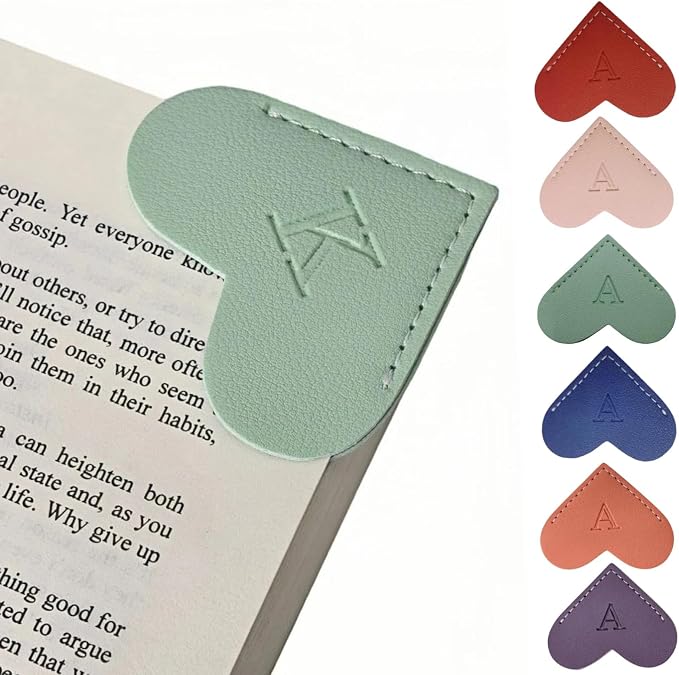 Personalized Leather Heart Bookmarks with Initials, 26 Letters Custom Corner Book Mark for Reading Women,Teacher, Student, Book Lovers Book Marker, Meaningful Gifts (Dark Blue+Light Green,K)