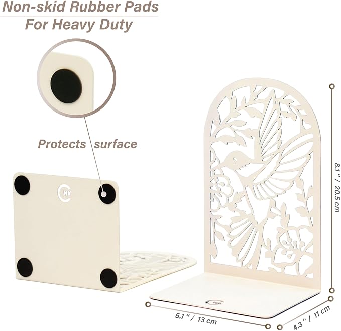 CNK Premium BookEnds - Metal Book Stoppers for Home Office, Book Shelf Holder, Decorative (Hummingbird White)