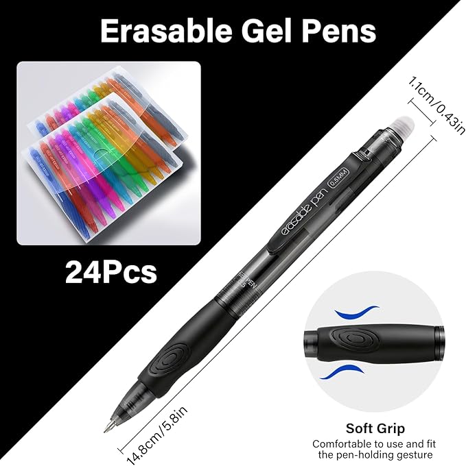 EUSOAR Erasable Gel Pens, 24 Pack Retractable Multicolor Clicker Erasers Gel Pens, Crossword Puzzles Colored Erasable Pen Fine Point (0.5mm) for School Note Writing Planners Color-coding Tasks