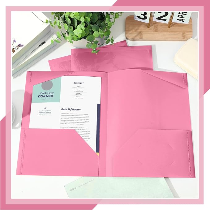 Henoyso 36 Pack Pink Plastic Folders with Clear Front Pockets Heavy Duty File Folders with 2 Pockets and Card Slot for Student Communication School Office Presentation Report