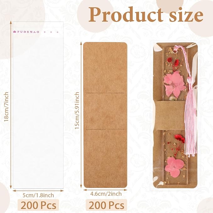 Honoson 200 Set Bookmark Holders Gift Set Kraft Paper Bookmark Sleeves Transparent Self Adhesive Bag DIY Blank Cover Display Cards for Wrapping Small Business Supplies Reading Party Favor