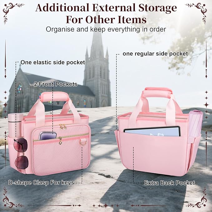 Large Bible Cover Case for Women, Bible Cover with Book Sleeve, Thick Padded Bible Case, Working Bible Tote Bag with Laptop and Bottle Pockets, Church Bag, Bible Bag for Women, Girl, Pink