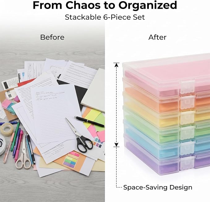 Scrapbook Paper Storage 12x12 Inch, 6 Pack Scrapbook Organizer with Secure Latch, Clear Stackable Plastic Paper Storage Box for File, Photo, Craft, Puzzle, Office Supply, Vinyl Sheet