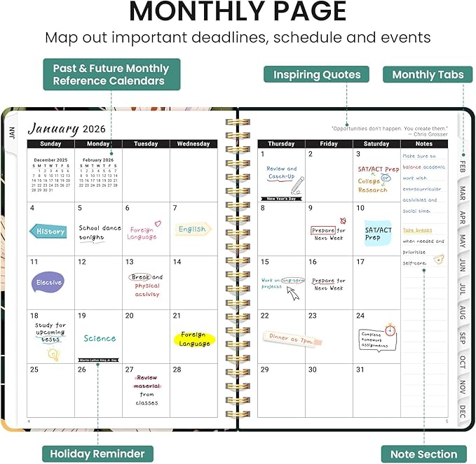 2026 Planner, Weekly and Monthly Calendar Planner for Women, Jan 2026 - Dec 2026, Hardcover Planning Agenda book with Tabs, Spiral Bound, Inner Pocket, Perfect for School Office Supplies, 8.5" x 11" - Soft Lily