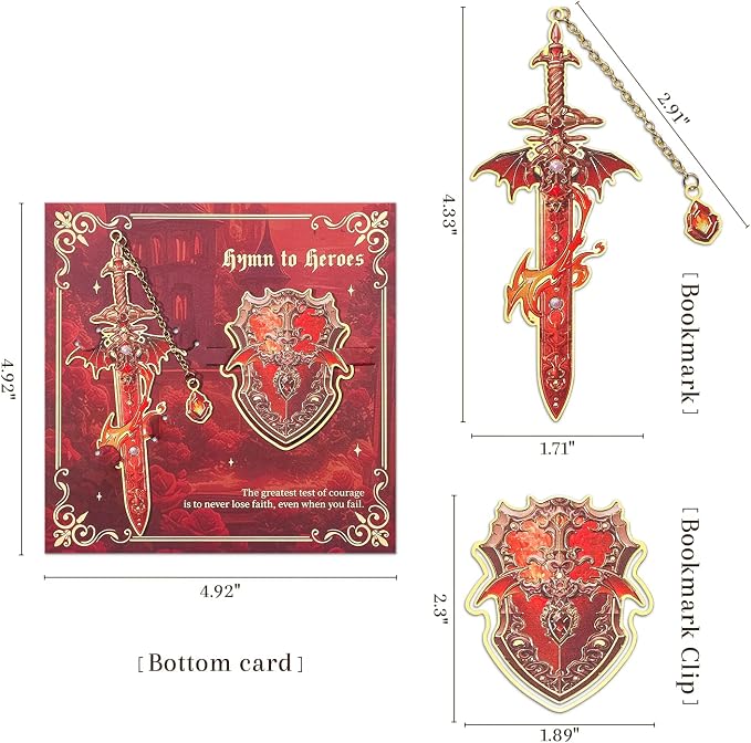 Dragon Knight Metal Bookmark & Book Clip Set - Sword Book Mark with Pendant & Shield Page Marker Clip - Fire Red Fantasy Gift for Men, Women, Kids, Readers, Book Lovers, RPG Gamers | Hymn to Heroes