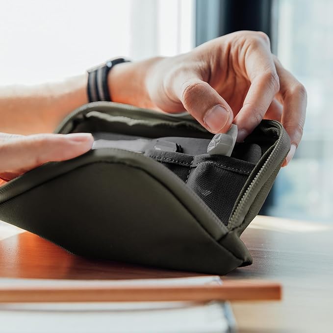 Orbitkey Olive Expandable Desk Storage Pouch – Fold-Down Access Panel, Pen Loop, Recycled Water-Resistant Material – Self-Standing Organizer for Office, Travel, Tech Gear