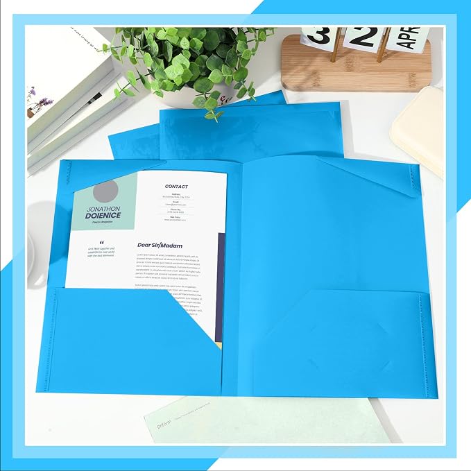 Henoyso 36 Pack Lake Blue Plastic Folders with Clear Front Pockets Heavy Duty File Folders with 2 Pockets and Card Slot for Student Communication School Office Presentation Report