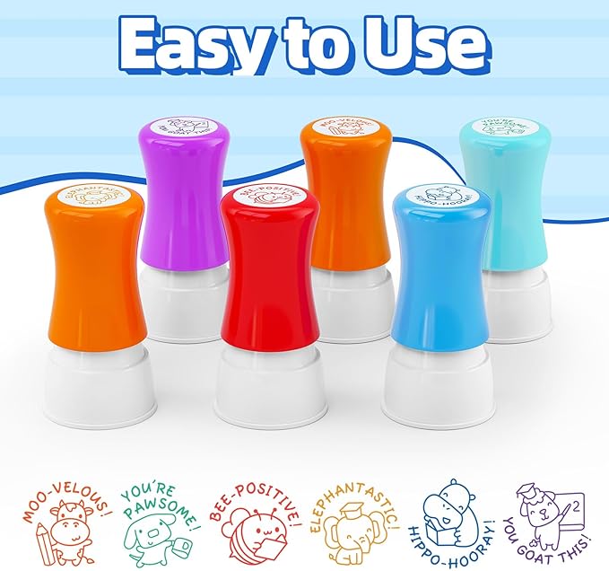6-Piece Set of Teacher Stamps - Encouraging Animal Grading for Classroom Teacher Stamps for Grading Teacher Stamp Self Inking Stamp Behavior Stamps (Big Handle)