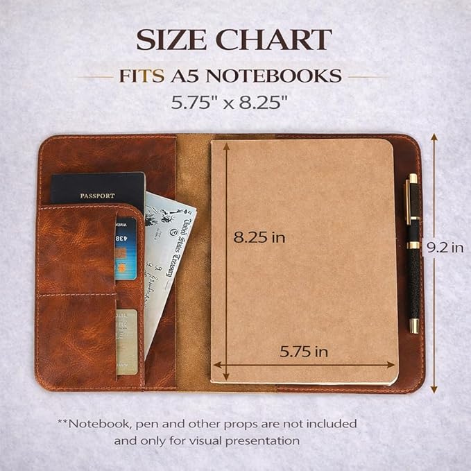 Genuine Leather A5 Journal Cover Refillable Notebook Cover, Fits 5.75 x 8.25 in, Card Slots Pocket & Pen Holder, Handmade Professional Leather Organizer for Men & Women, Travel & Work Diary Cover (Tan)