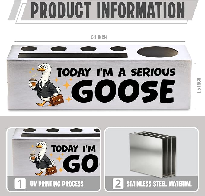 FOKCBOCM Cute Office Pen Holder with Goose Design, Stainless Steel Desk Organizer Gift for Coworker, Positive Work Humor Workspace Decor, Fun Desk Accessory-DS129