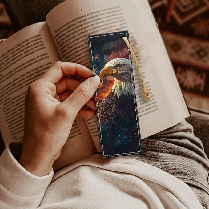 Leather 2 Pieces Bookmark for Men Women Book Lovers Ideal for Birthday Present, Eagle with Flag Leather Bookmarks for Women Teacher