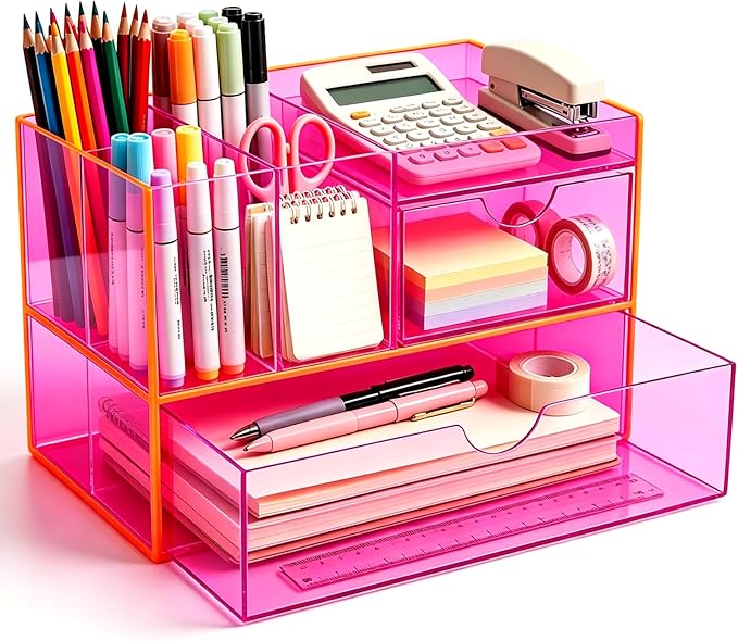 Desk Organizer with Drawers Acrylic Desktop Organizer Pen Holder Caddy for Office Supplies Makeup Organizer for Vanity, Neon Pink