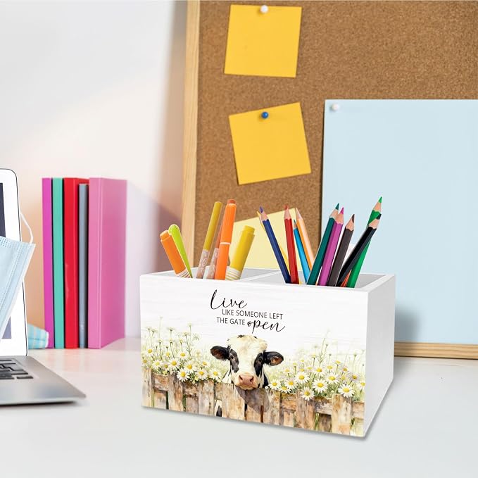 Rustic Daisy Floral Cow Pen Holder for Desk, Gifts for Cow Lovers Pencil Organizer, Live Like Someone Left the Gate Open Wooden Box Sign Desk Decor for Home Office Decoration