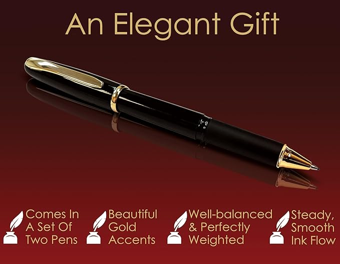 Better Office Products Executive Black Gel Pen, 2 Pack, Classic Business Pen with Removable Cap, Black 0.7mm Medium Point, Gold Accents, Individually Packed in Clear Acrylic Cases